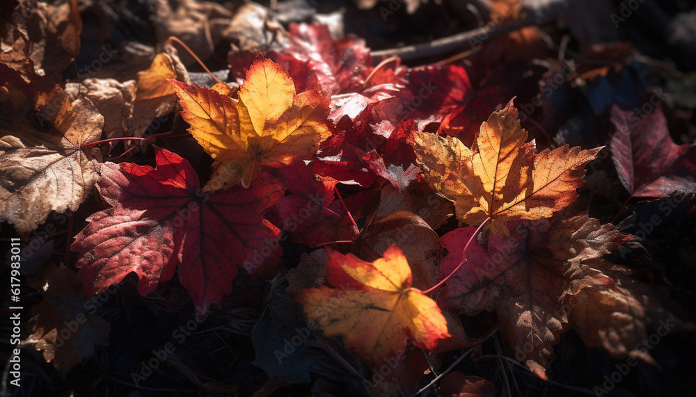 Obraz premium Vibrant autumn foliage in multi colored forest, a natural beauty generated by AI