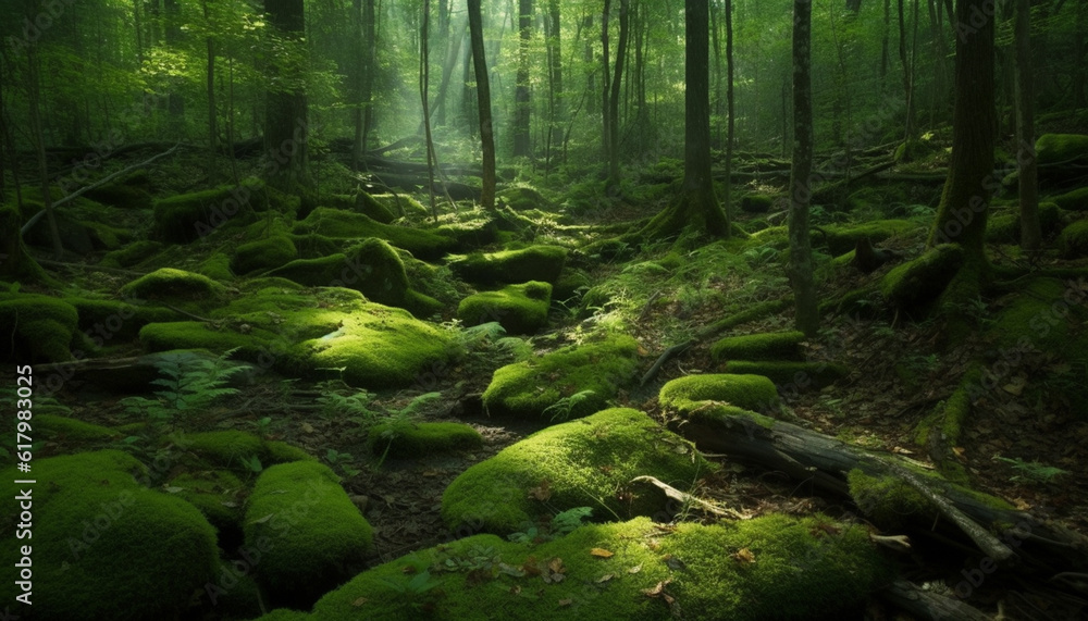 Tranquil scene of a wet forest with green foliage and tree trunks generated by AI