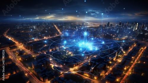 Concept of smart city and communication network, wireless communication, generative AI photo