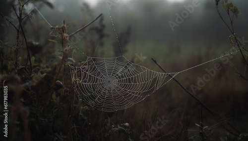 Spider web glistens with dew in spooky autumn forest generated by AI