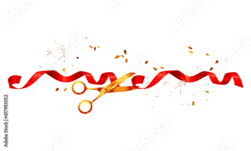 Scissors cutting red silk ribbons