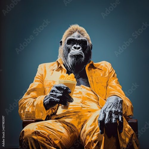 Gorilla eating an ice cream cone, screenprint, generative AI photo