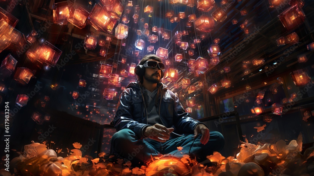 Man with virtual reality device, transported to a futuristic environment, generative AI Man with virtual reality device, transported to a futuristic environment, generative AI