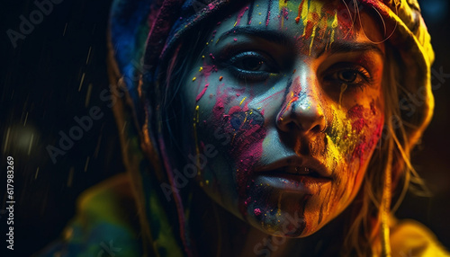 Beautiful young woman with colorful face paint smiles at camera generated by AI