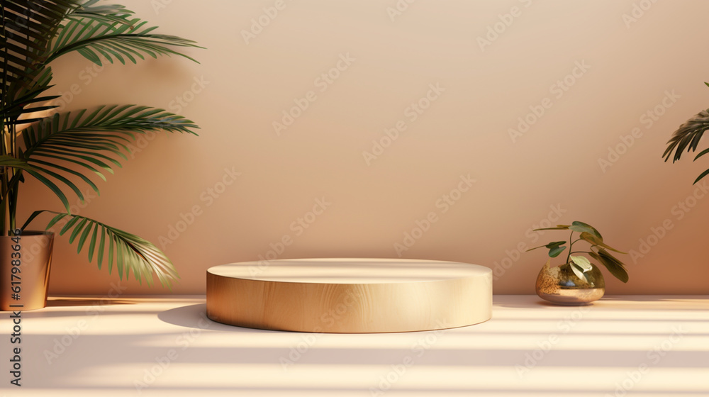 Wooden podium with mini potted plants, golden vase in minimal composition for product presentation, mock-up,  natural lighting with shadows, Generative AI.