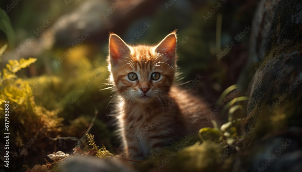 Playful kitten sitting in grass, staring at camera with curiosity generated by AI