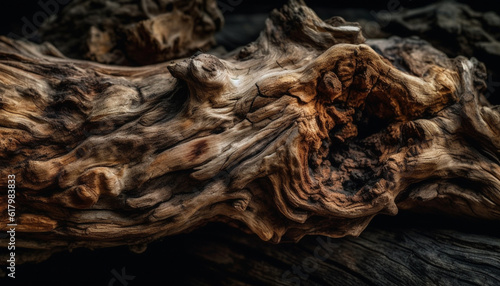 Abstract knotted wood pattern on old tree trunk in forest generated by AI