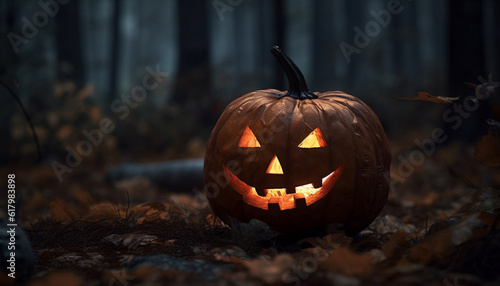 Glowing pumpkin lantern illuminates spooky Halloween night in autumn forest generated by AI