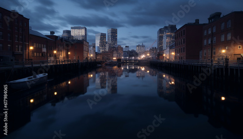 Illuminated city skyline reflects on dark water at dusk generated by AI © Jemastock