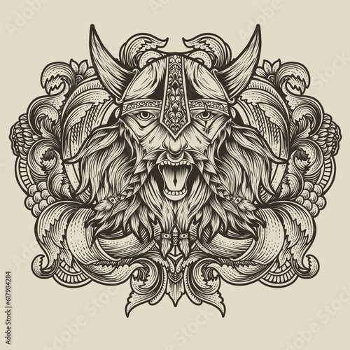 Viking head with antique engraving ornament