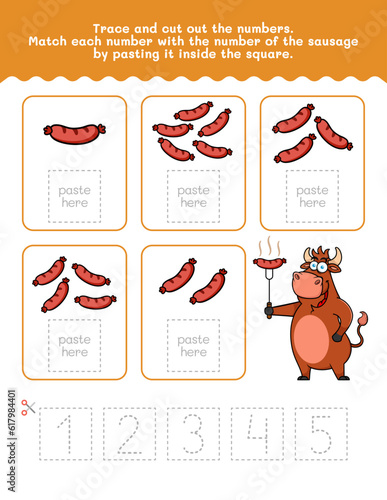 One To Five Number And Word Tracing Worksheet. Cut And Paste Worksheet With Sausage Pictures. Premium Vector Element.