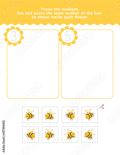 Three And Five Count And Tracing Number Worksheet. Cut And Paste Worksheet With Pictures. Premium Vector Element.