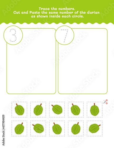 Three And Seven Counting And Tracing Number Worksheet. Cut And Paste Worksheet With Pictures. Premium Vector Element.