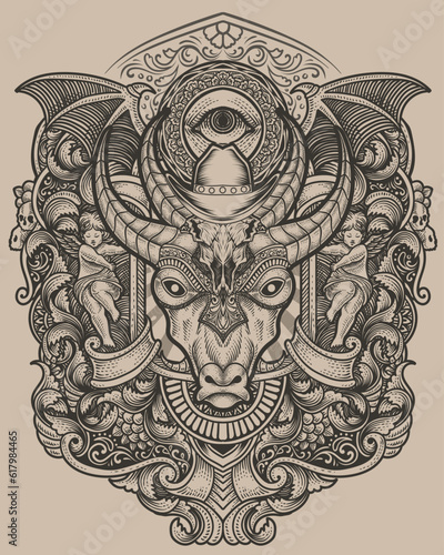 Cow head with vintage engraving ornament