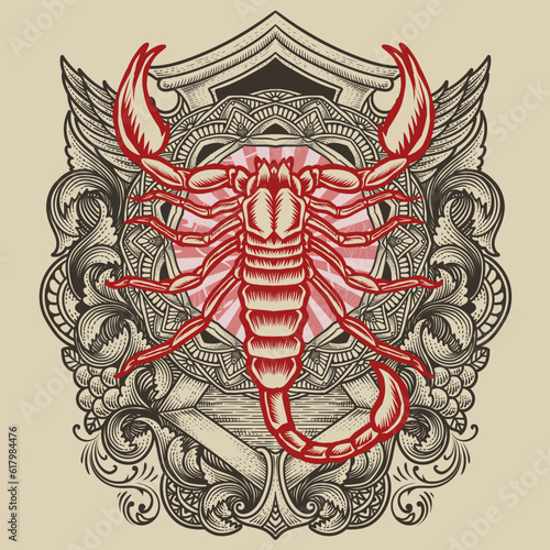 scorpion on antique engraving ornament background