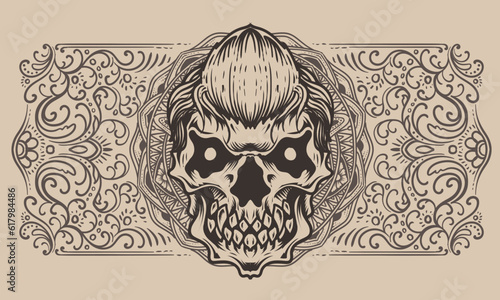 demon skull with antique engraving ornament