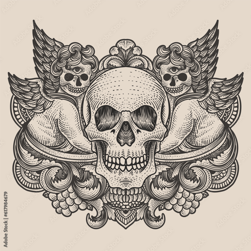 Fototapeta premium Skull head with antique engraving style