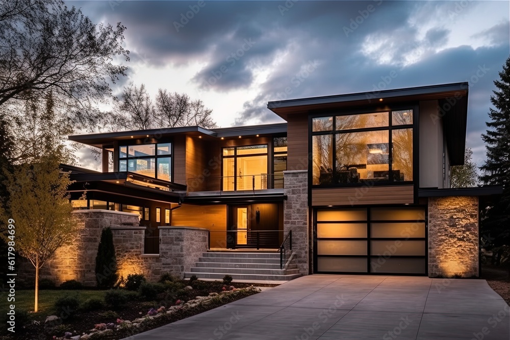 Sleek Architecture and Natural Stone Details Define This Artfully Constructed Residence with Two-Car Garage and Bronze Siding, generative AI