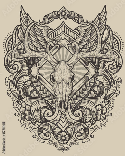 Deer skull with antique engraving ornament background
