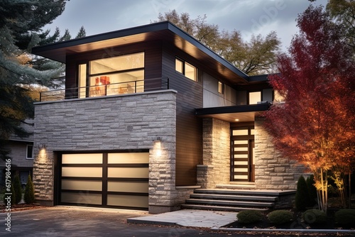 Sleek architecture meets artful design: A recently constructed residence with a two-car garage, burgundy siding, and natural stone details, generative AI