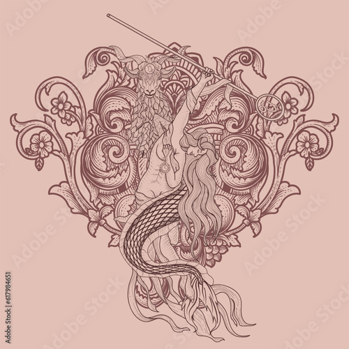 Capricorn zodiac symbol with antique engraving ornament
