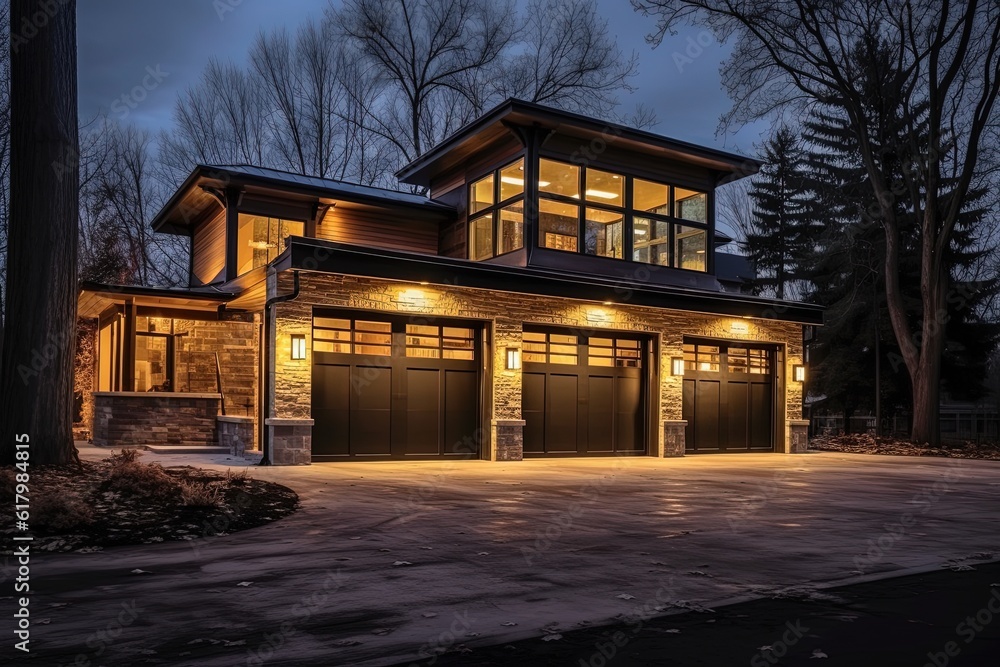 Avant-Garde Aesthetic and Distinctive Features: Orange Siding, Natural Stone Pillars, Three-Car Garage in a Brand New Property, generative AI Avant-Garde Aesthetic and Distinctive Features: Orange Siding, Natural Stone Pillars, Three-Car Garage in a Brand New Property, generative AI