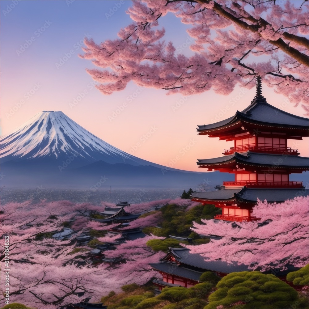 Fujiyoshida Japan view of Mt Fuji and pagoda in spring;Generated to AI