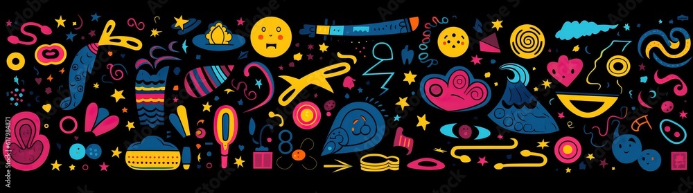 Fototapeta premium doodle a collection of colorful signs, in the style of distorted figures and forms, cartoon black background
