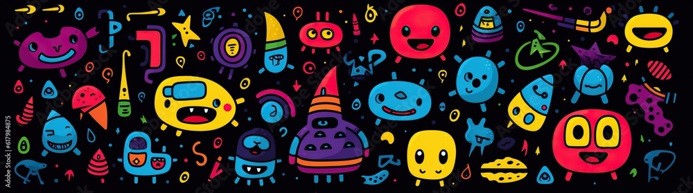 doodle a collection of colorful signs, in the style of distorted figures and forms, cartoon black background doodle a collection of colorful signs, in the style of distorted figures and forms, cartoon black background