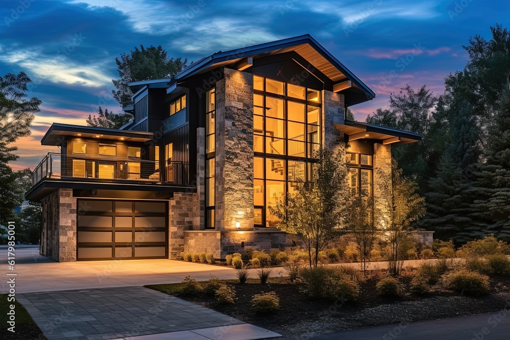 Avant-Garde Aesthetic Meets Distinctive brand new Property with Three-Car Garage and Navy Blue Siding plus Natural Stone Pillars, generative AI Avant-Garde Aesthetic Meets Distinctive brand new Property with Three-Car Garage and Navy Blue Siding plus Natural Stone Pillars, generative AI