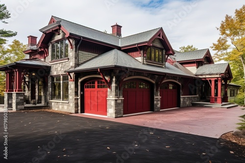 Red Siding, Natural Stone Pillars: A Unique, Avant-Garde Aesthetic for a Brand New Property with a Three-Car Garage, generative AI © Michael