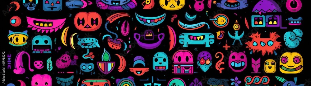 doodle a collection of colorful signs, in the style of distorted figures and forms, cartoon black background doodle a collection of colorful signs, in the style of distorted figures and forms, cartoon black background