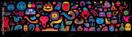 doodle a collection of colorful signs  in the style of distorted figures and forms  cartoon black background