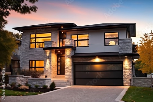 Eclectic Residence: Sleek Styling, Double Garage & Stunning Natural Stone Accents, generative AI