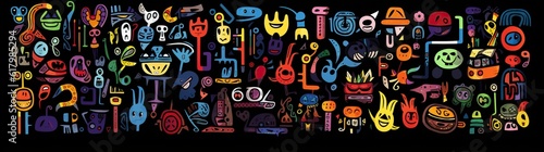 doodle a collection of colorful signs, in the style of distorted figures and forms, cartoon black background