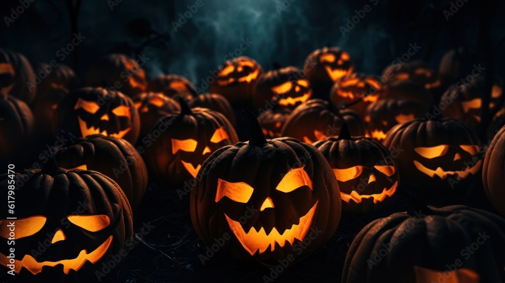 Many Halloween Jack-o'-lanterns, with smiles and fire eyes, for banner or strong design, 3D illustration Many Halloween Jack-o'-lanterns, with smiles and fire eyes, for banner or strong design, 3D illustration