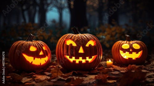Three Halloween Pumpkins in the park at night. © Pro Hi-Res