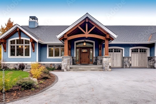 Exemplary Fresh Construction Dwelling with Innovative Styling and Double Garage: Light Blue Siding and Natural Stone Porch, generative AI © Michael