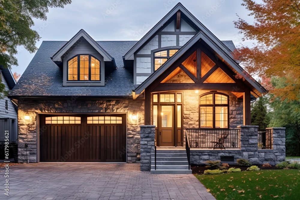 Innovative Styling Shines in Exemplary Fresh Construction Dwelling with Double Garage and Light Gray Siding, Enhancing with Natural Stone Porch, generative AI