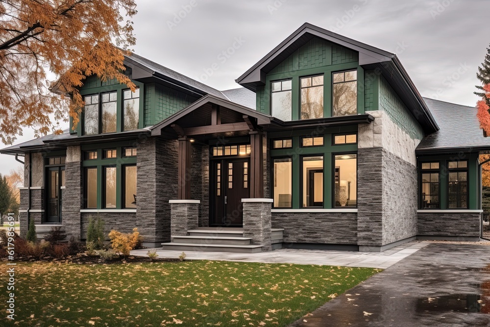Fresh Construction Dwelling with Innovative Styling: Double Garage, Dark Green Siding, and Natural Stone Porch, generative AI Fresh Construction Dwelling with Innovative Styling: Double Garage, Dark Green Siding, and Natural Stone Porch, generative AI