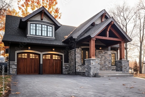 Exemplary Fresh Construction Dwelling with Innovative Styling and Double Garage: Gray Siding and Natural Stone Porch, generative AI