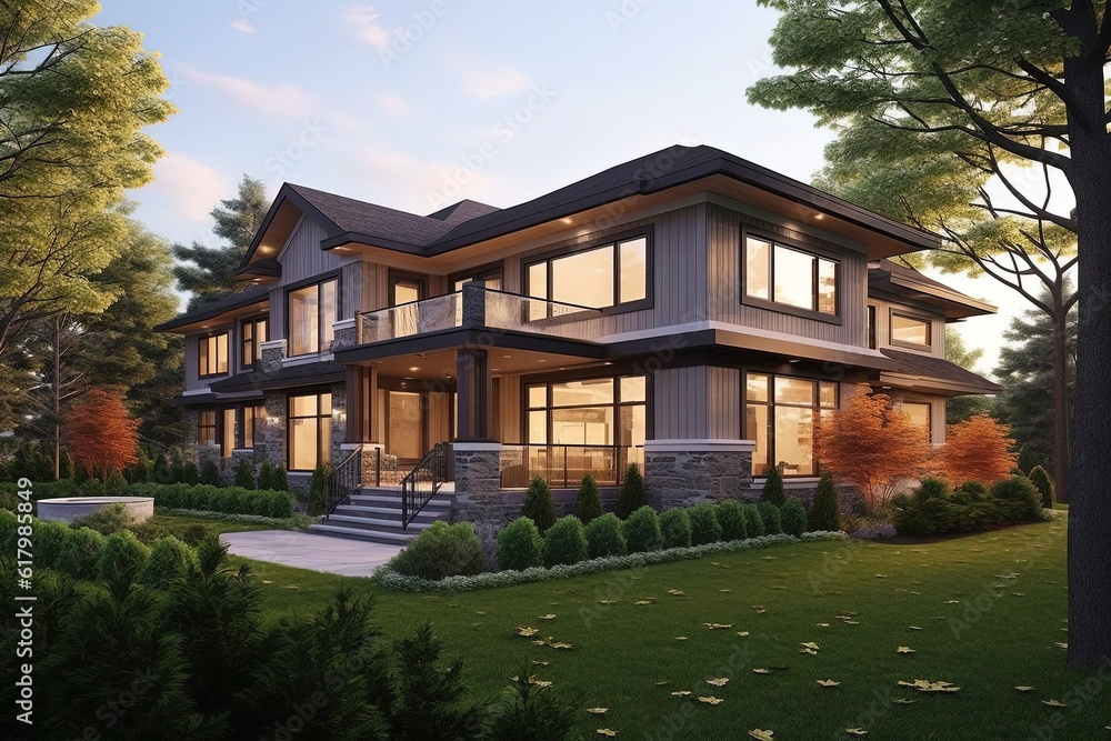 Cutting-Edge Design: Eye-Catching New Development Property with Three-Car Garage, Coral Siding, and Natural Stone Features, generative AI