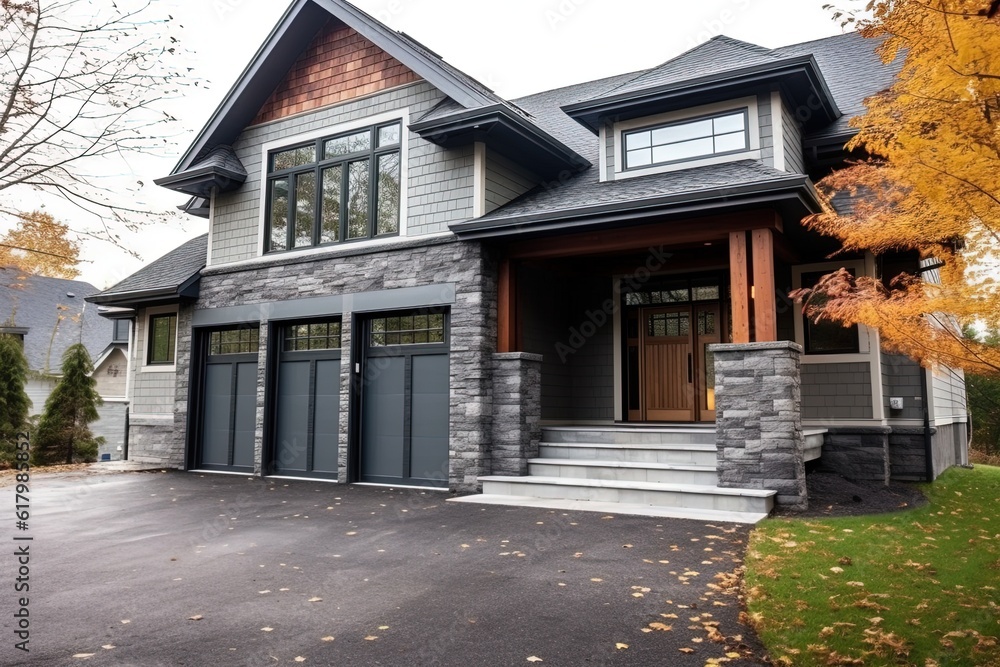 Exemplary Fresh Construction Dwelling: Innovative Styling, Double Garage, Dark Gray Siding, Natural Stone Porch, generative AI