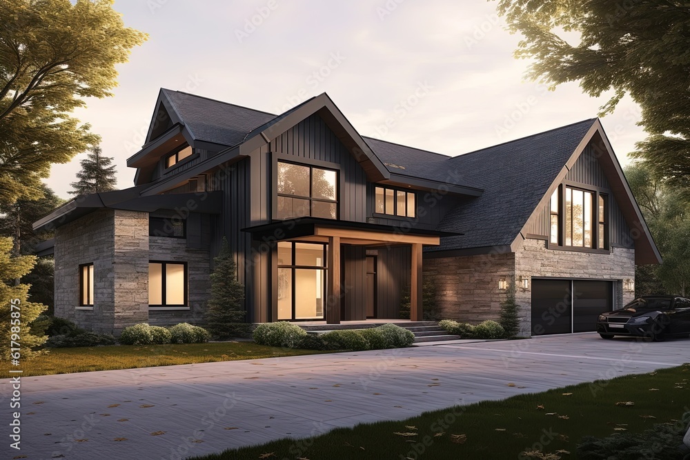 Cutting-Edge Design & Eye-Catching New Development with Three-Car Garage, Gray Siding, and Natural Stone Features, generative AI