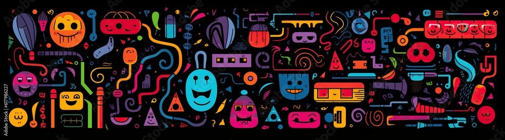 doodle a collection of colorful signs, in the style of distorted figures and forms, cartoon black background