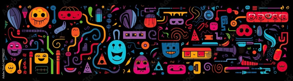 doodle a collection of colorful signs, in the style of distorted figures and forms, cartoon black background doodle a collection of colorful signs, in the style of distorted figures and forms, cartoon black background