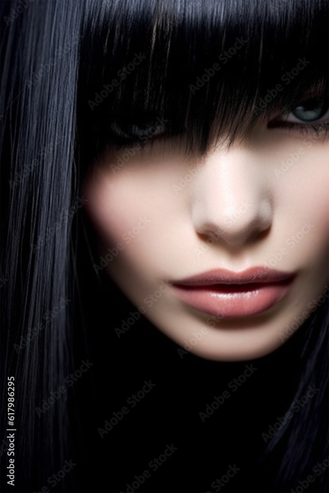 Fototapeta premium close-up portrait of a young woman with black hair color. Banner or poster. Social media content for beauty salons. Generative AI
