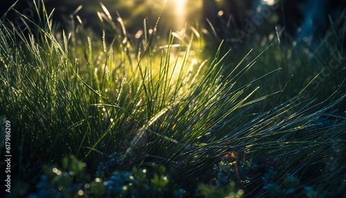 Vibrant meadow growth, dew drops glistening in sunlight backdrop generated by AI