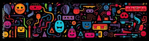 doodle a collection of colorful signs  in the style of distorted figures and forms  cartoon black background