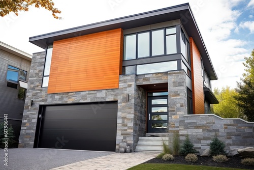 Contemporary Inspirational New Build House with Single Car Garage, Orange Siding, and Natural Stone Cladding, generative AI © Michael